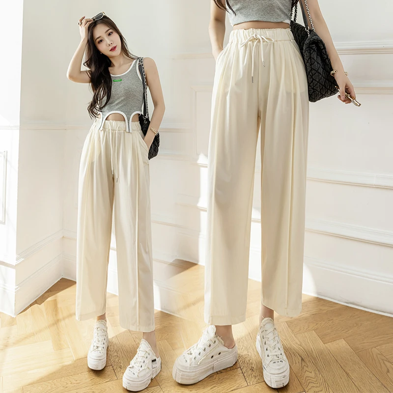 New Korean Fashion Ice Silk Quick Drying Streetwear Wide Leg Pants Womens Casual Summer Girls Drawstring Baggy Trousers Female