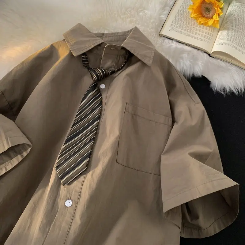 Dayifun Brown Vintage Shirts Donna Japanese Urban Girl Tooling Camicette A Maniche Corte Oversize Manica A Cinque Punti Dk Uniform Tops