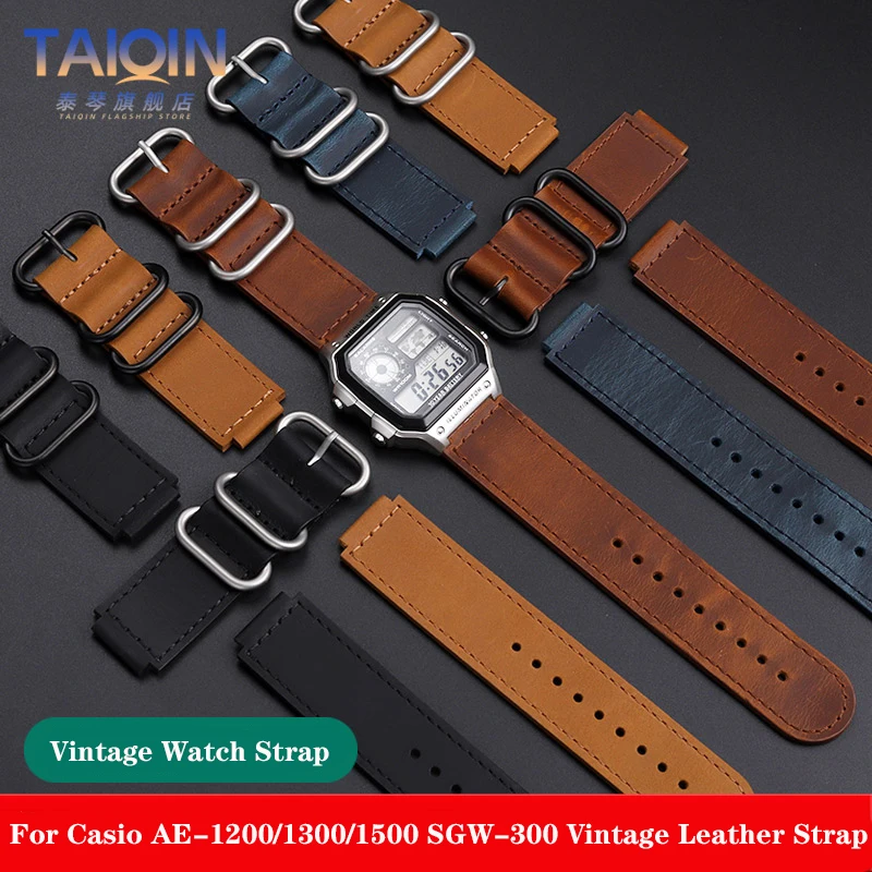 Cinturino Per Orologio In Pelle Vintage Di Alta Qualità Per Casio 3299 Ae-1200 Ae-1300 Ae-1500 Sgw-300/400 W218H Cinturino 18Mm Nero Browm
