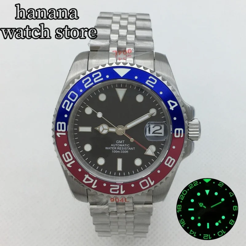 Bliger 40Mm Gmt Orologio Da Polso Meccanico Da Uomo Nh34 Orologio Vetro Zaffiro Lunetta In Ceramica Luminosa Verde Rosso Blu Gmt Lettere Quadrante Ner