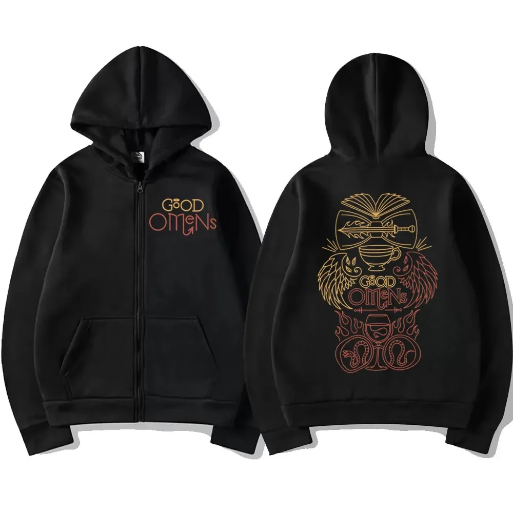Hot Tv Play Good Omens Graphic Zipper Hoodies Unisex Vintage Casual Zip Up Felpe High Street Fashion Pullover Oversize