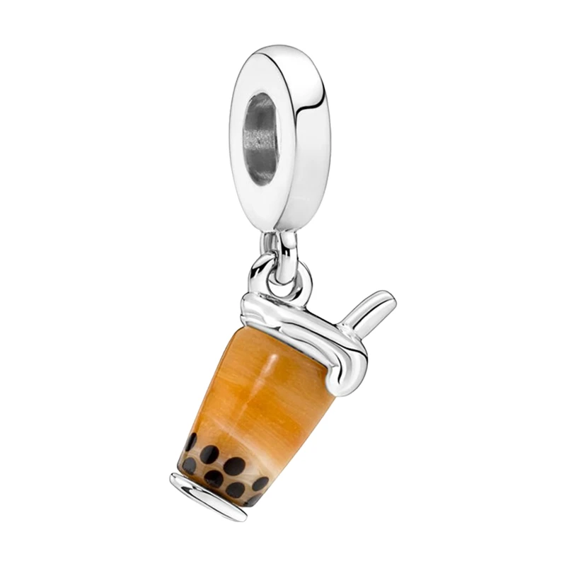 Silver 925 Original Bubble Tea Pendants Charms For Bracelets Women Diy Jewelry Making Brown Murano Glasses Black Tapioca Pearls