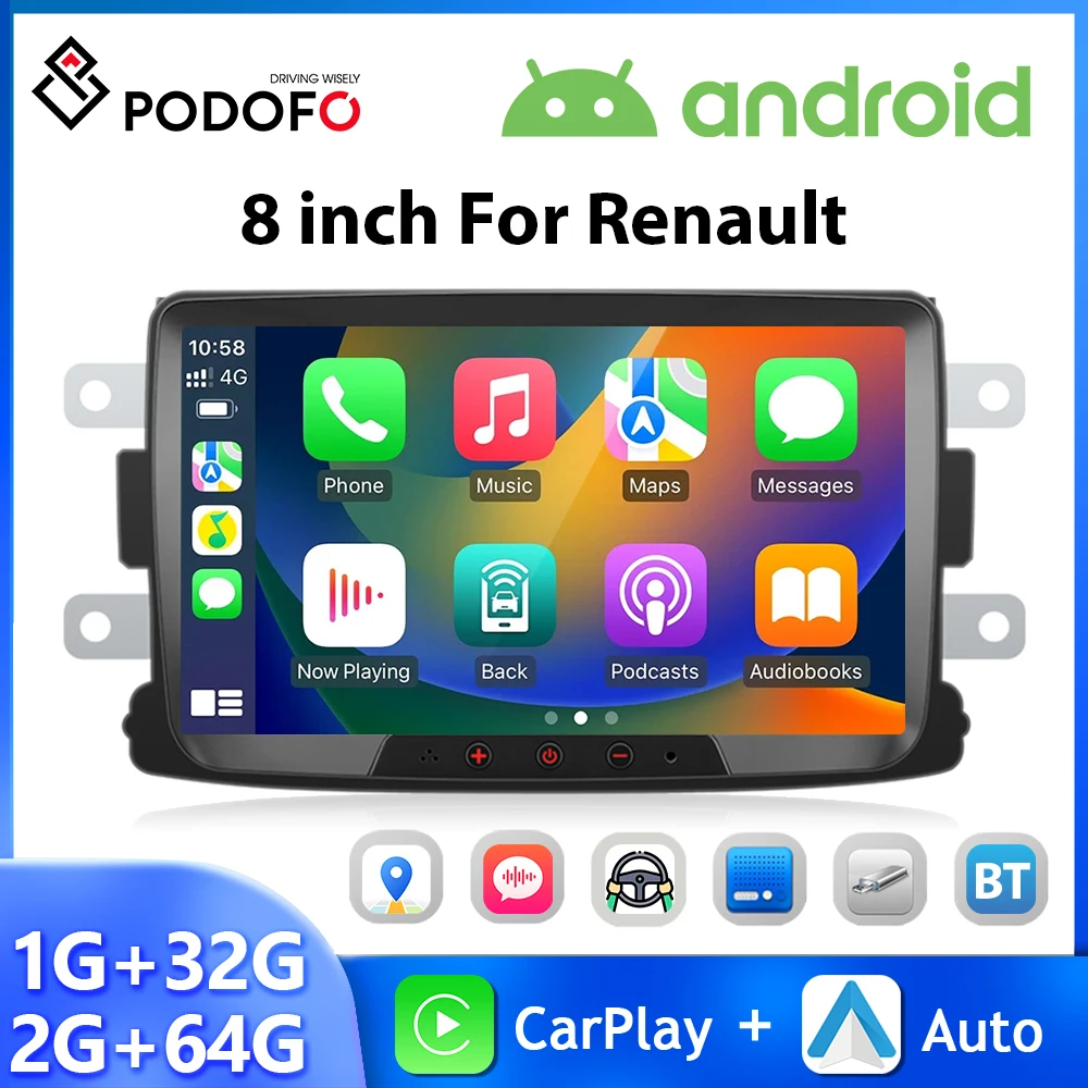 Podofo 8 ''2Din Autoradio Per Renault Dacia Duster/Sandero Multimedia Player Carplay Android Auto Wifi Navigazione Gps Autoradio