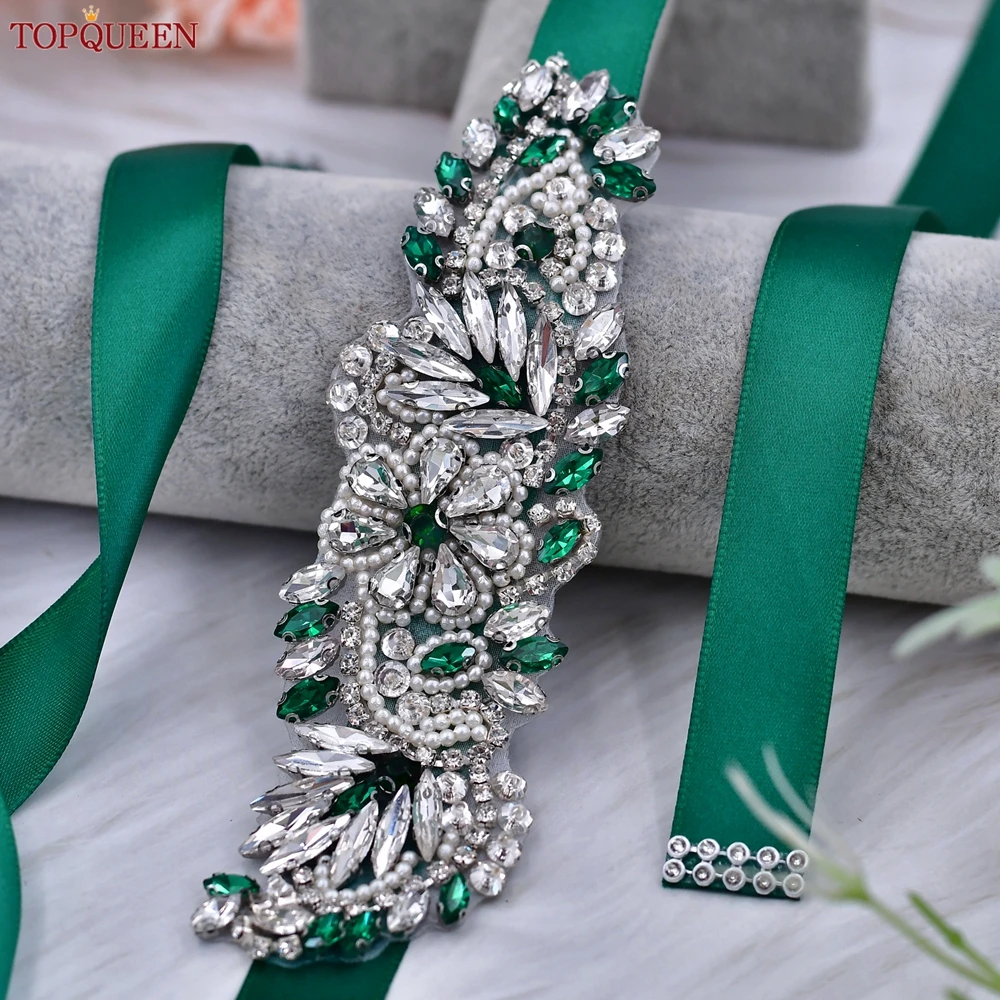 Topqueen S22 Cintura Da Sposa Diamante Verde Diamante Abito Trim Raso Cintura Da Sposa Cintura Da Ballo Cintura In Pietra Abiti Da Sposa Decorazione