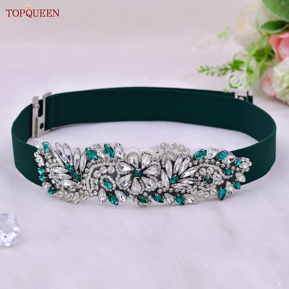 Topqueen S22 Moda Donna Cintura Elastica Verde Scuro Lucido Abito Da Cintura Con Strass Cintura Elasticizzata Accessorio Da Sposa Cintura