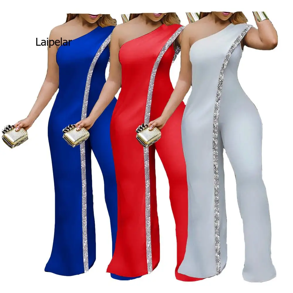 New Bright Bar Patchwork One Shoulder Loose One Piece Jumpsuit Women Fashion Streetwear Full Length Jumpsuits Ladies Outfit