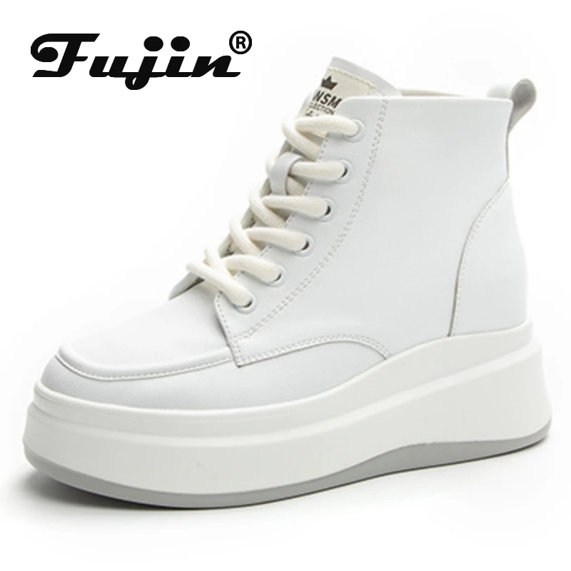 Fujin 7.5Cm New Natural Genuine Leather Tend Autunno Boot Donna Caviglia Donna Scarpe A Metà Polpaccio Platform Wedge Sneakers Stivaletti Primaverili