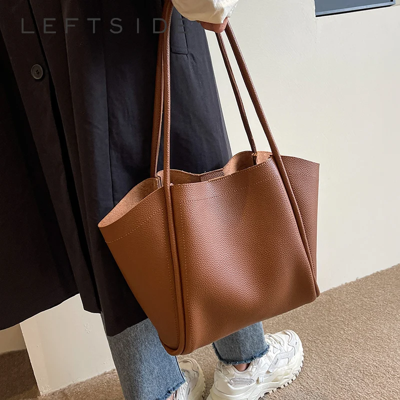 Leftside Fashion Retro Big Leather Tote Bags For Women 2023 Tend Borsa A Tracolla Femminile Di Grande Capacità Borse In Tinta Unita