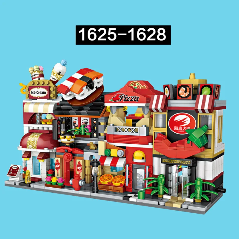 Creativo Mini Block City Street View Pizza Sushi Bar Gelato Hot Pot Shop Pizzeria Building Brick Assemblare Giocattoli Per Bambini Regali