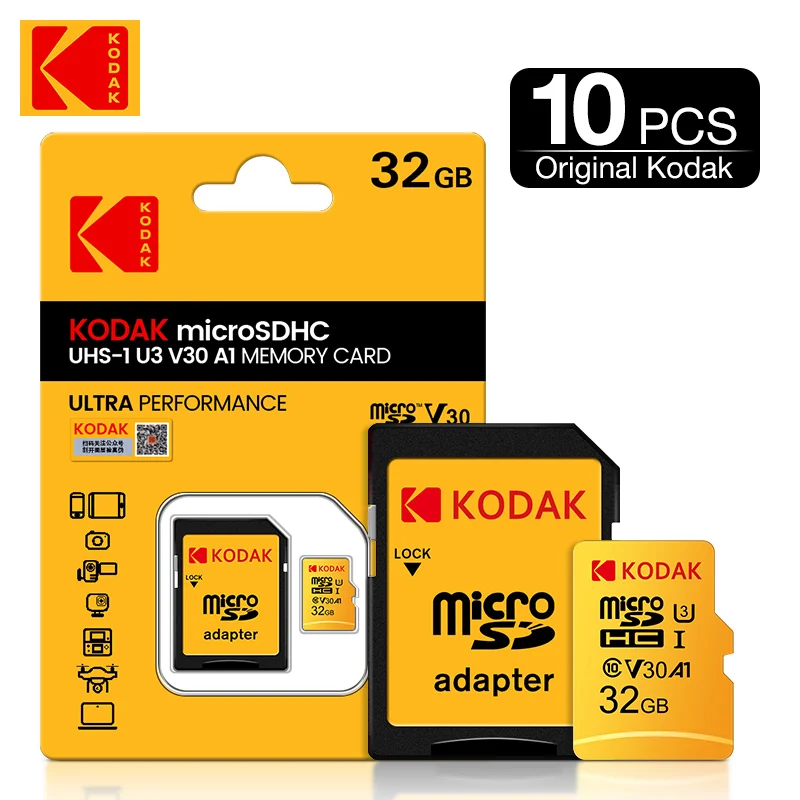 10 Pz Kodak U3 Micro Sd Card 16Gb 32Gb 64Gb 128Gb Sdxc/Sdhc Classe 10 Scheda Di Memoria Flash Micro Sd 32Gb Sdcard Per Smartphone