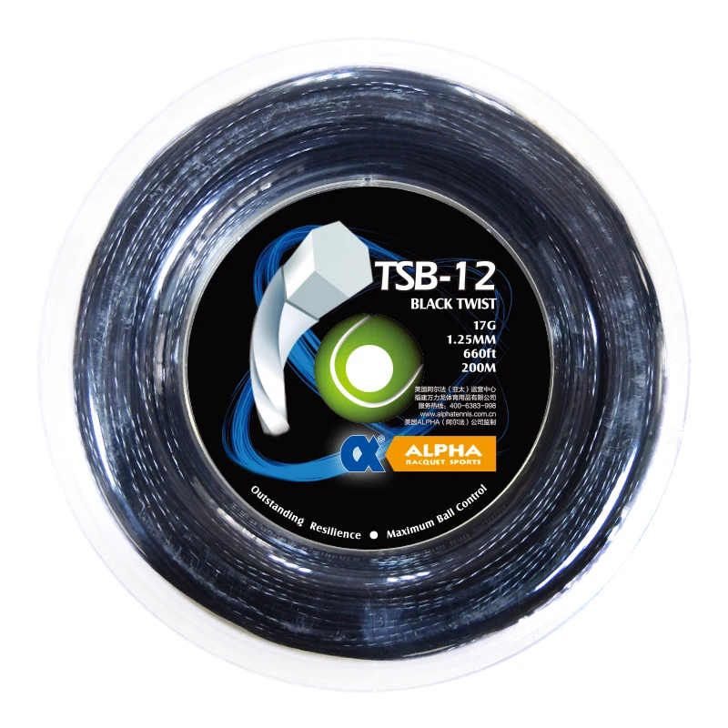 Alpha Tennis String 200M Reels Durable 17G/1.25Mm Vite Nera Esagonale Controll Poly Tennis String 45-65Lbs Germania String