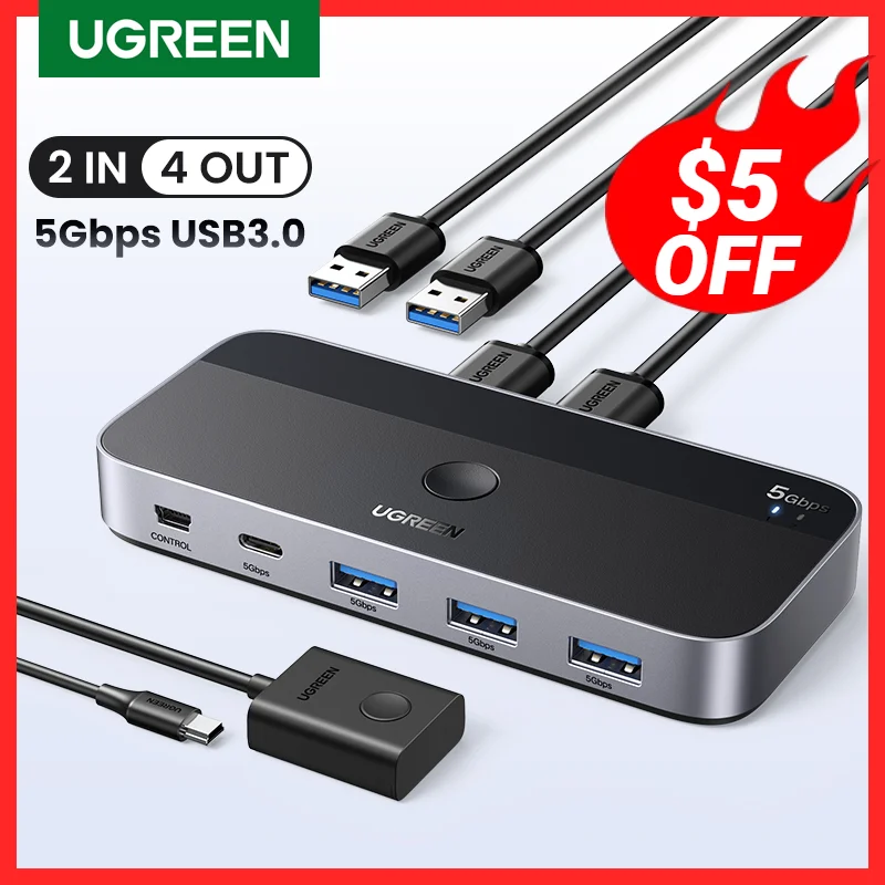 Ugreen Usb Kvm Switch Usb 3.0 Switcher Kvm Switch Per Pc Tastiera Mouse Stampante 2 Pezzi Condivisione 4 Dispositivi Interruttore Usb