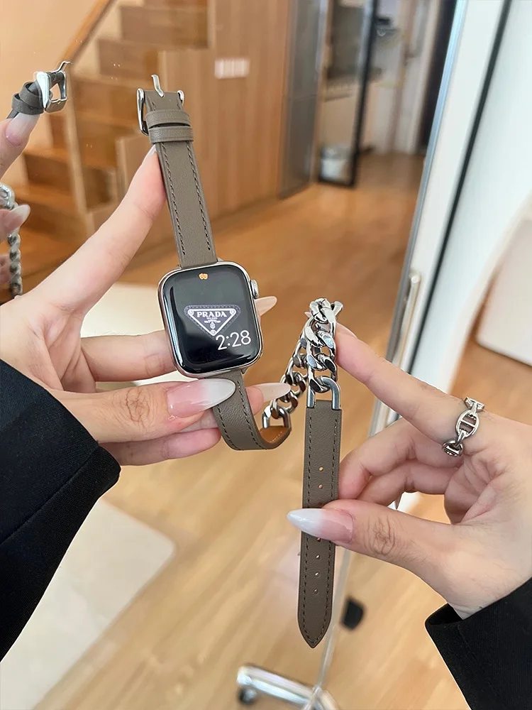 Per Apple Watch S8 Cinturino Doppio Anello In Acciaio Inossidabile Splicing Cinturino Iwatch In Pelle Applewatch76Se Correa Apple Watch 45 44Mm