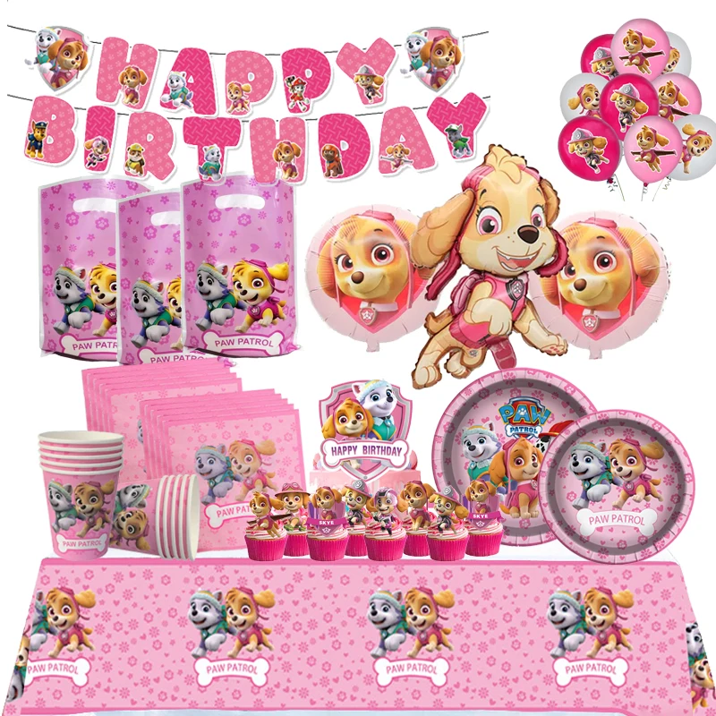 Skye Birthday Decoration Pink Paw Patrol Cartoon Party Supplies Kids Baby Shower Forniture Piatti Palloncini Stoviglie Spedizione Gratuita