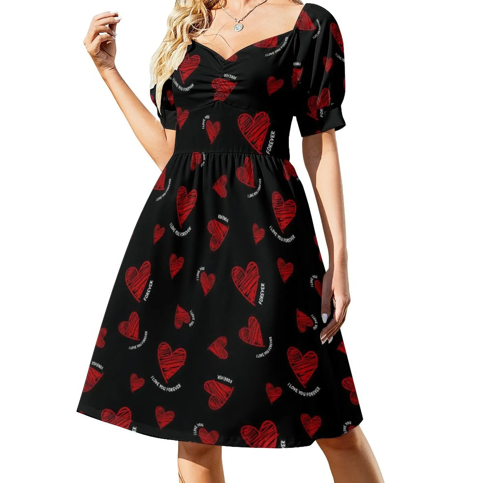 Red Heart Print Dress Sexy V Neck I Love You Forever Elegant Dresses Ladies Aesthetic Casual Dress Summer Print Big Size Vestido