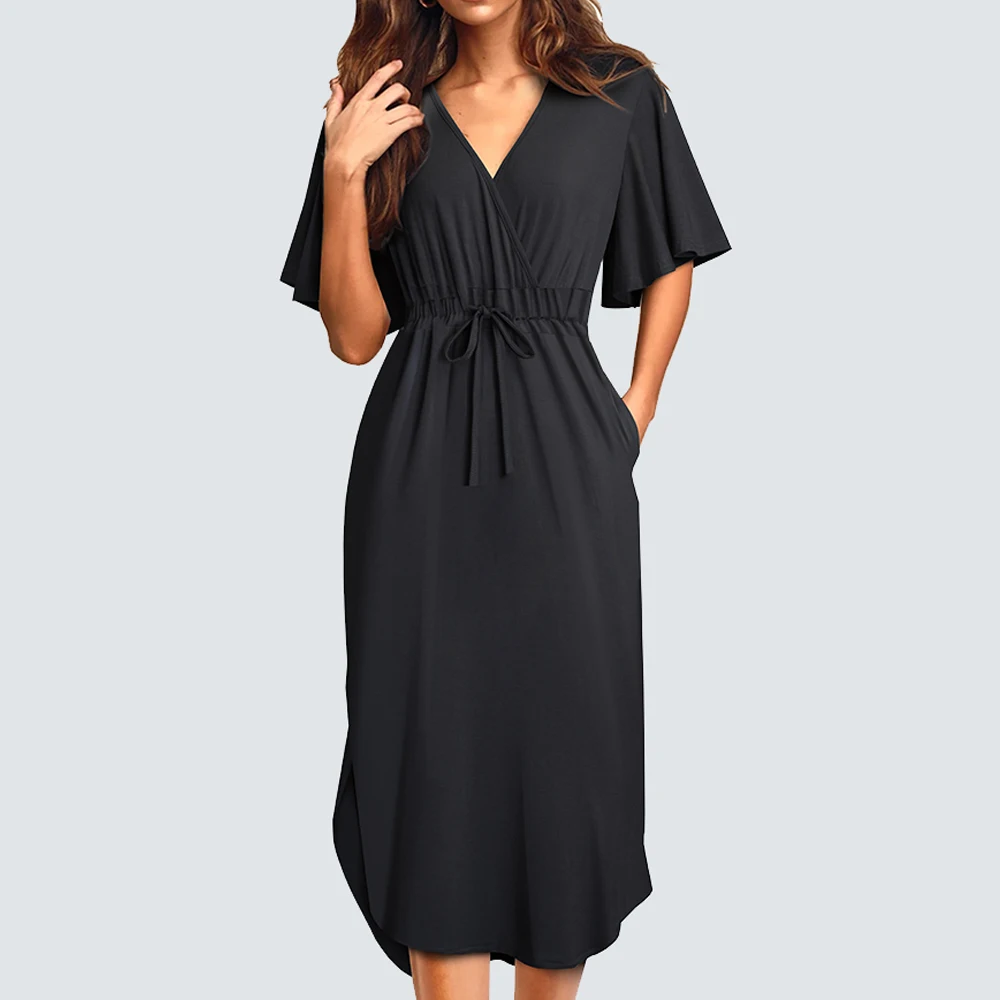 Summer Women Chic Tinta Unita Wrap Dresses Casual Holiday Midi Dress Con Tasche Ha202