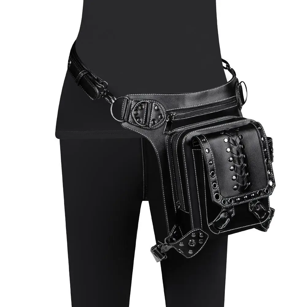 Female Euro American Punk Pu Leather Female Outdoor Cycling Waist Bag Fanny Pack Belt Bag Chest Bag Purse Bum Bag Leg Bag Banano