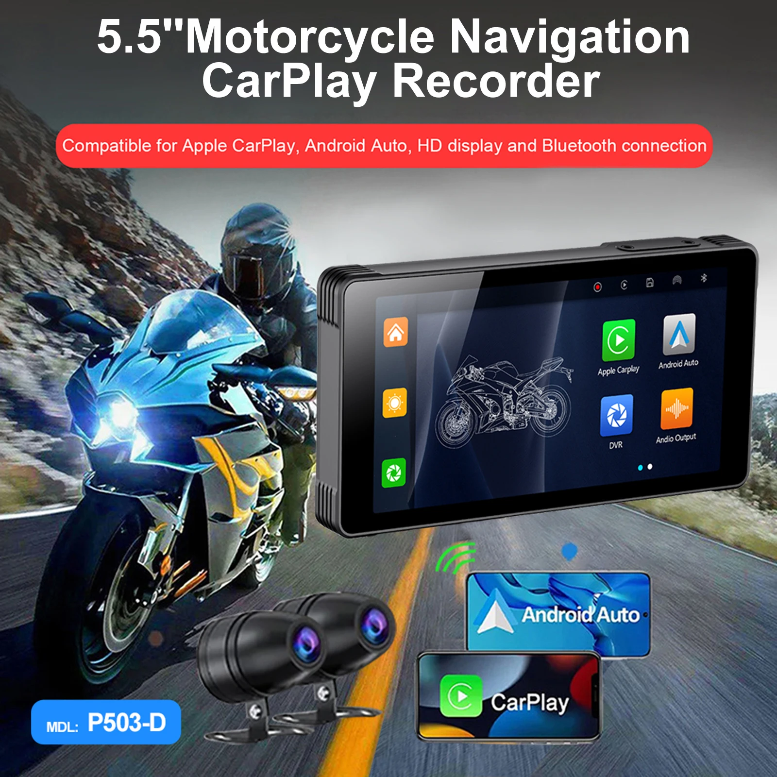 Navigatore Gps Per Moto Da 5.5 Pollici Dual Bluetooth Carplay Ipx7 Navigatore Per Moto Automatico Android Wireless Impermeabile Con Doppia Fotocamera