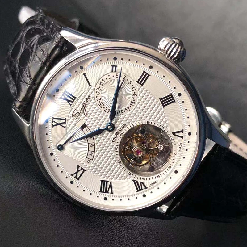 Sugess Real Tourbillon Watch Genuine Original St8001 Movement Mens Calendar Skeleton Gold Diamond Orologi Avvolgimento A Mano/Auto
