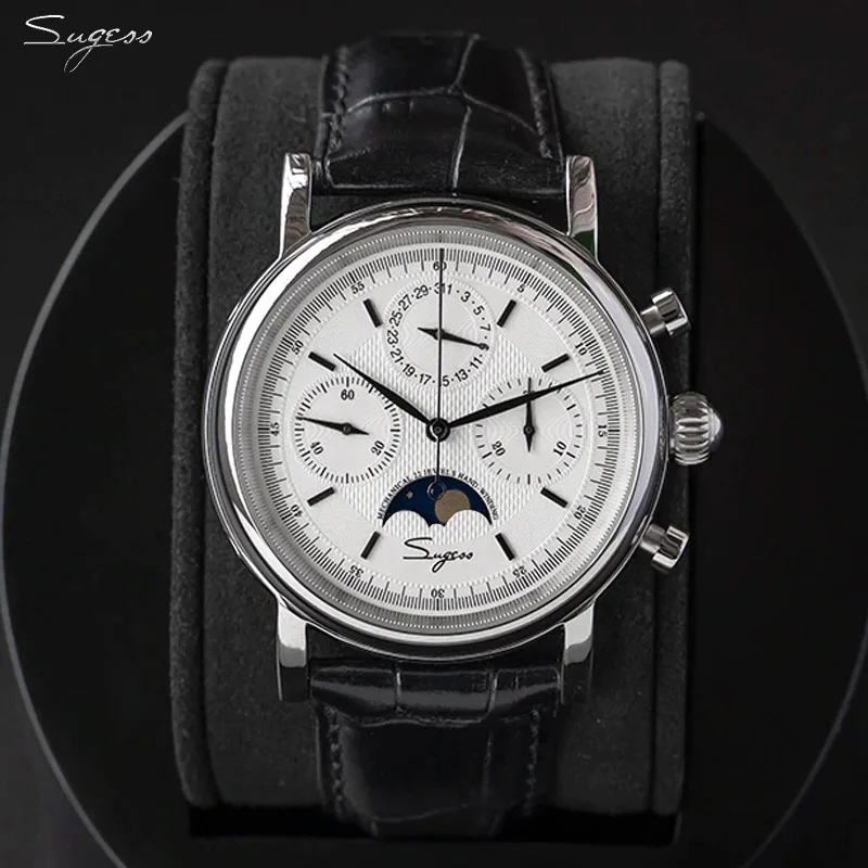 Movimento Originale St1908 Sugess Orologio Da Uomo Con Calendario Meccanico Cronografo Vintage Moonphase Orologio Da Polso Impermeabile