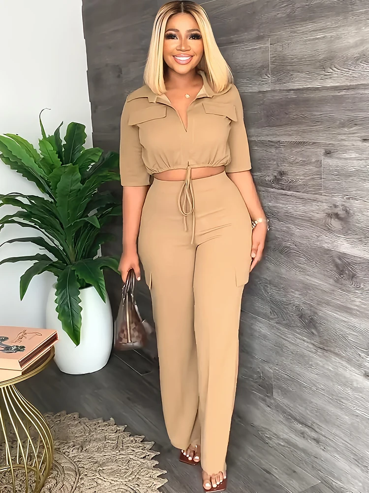 Eleganti Set Da Salotto Da Donna Safari Styie Tute Polo Collo Manica Corta Crop Top E Pantaloni Dritti A Vita Alta Tute