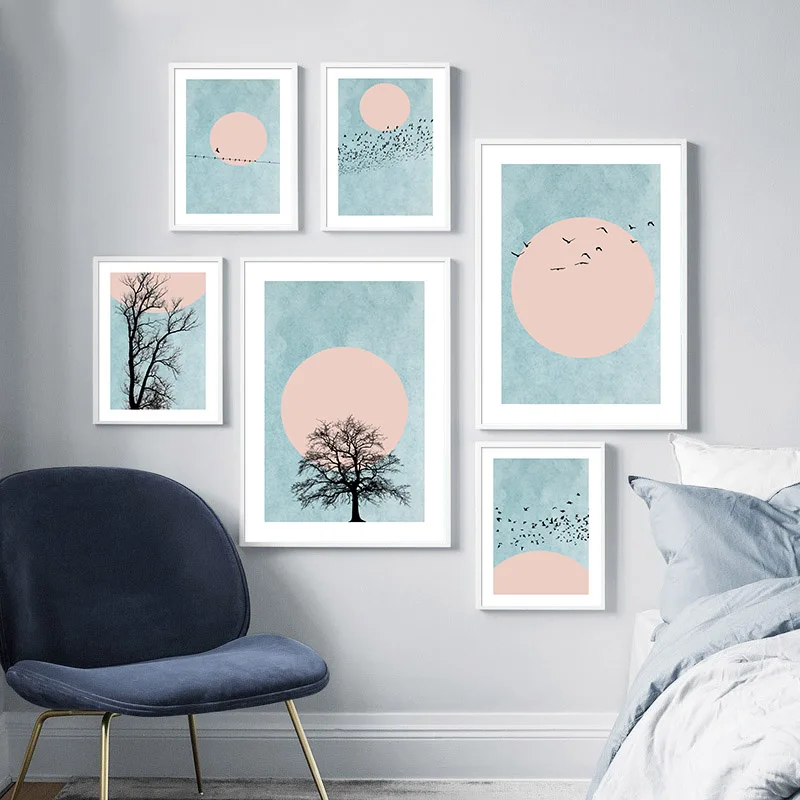 Abstrakte Nordic Leinwand Malerei Baum Vogel Sunset Poster Und Drucken Moderne Muslimhause Dekoration Wand Kunst Bild