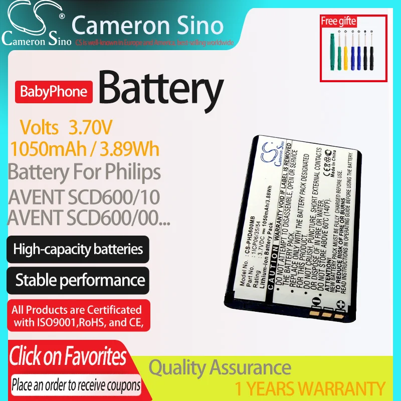 Batteria Cameronsino Per Philips Avent Scd600,Avent Scd600/10,Avent Scd610,Avent Scd600/00 Si Adatta 1 Icp06/35/54. Batteria Babyphone.