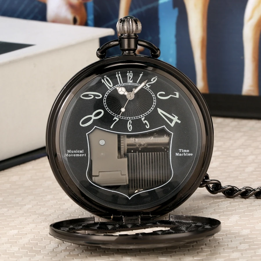 Hollow Hand Crank Music Orologio Da Tasca Al Quarzo Che Suona Musica Fob Chain Watch Locomotiva Art Collecties Migliori Regali Per Uomo Donna