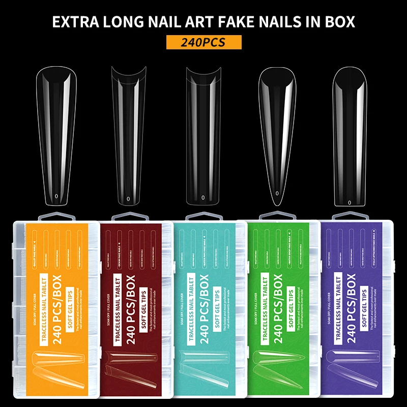 240 Pz Estensione Unghie Finte Acrilico Trasparente Chiodo Lungo Bara Stiletto Copertura Completa Gel Acrilico X Unghie Estensione 12 Dimensioni