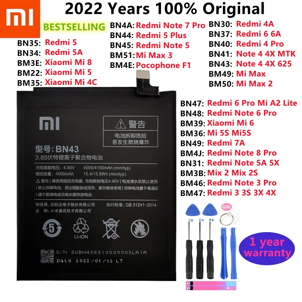 Original Battery For Xiaomi Mi Redmi Note Mix Max 2 3 3S 3X 4 4X 4A 4C 5 5A 5S 5X M5 6 6A Mi6X 7 8 9 Mi9 Pro Plus Lite Batteries