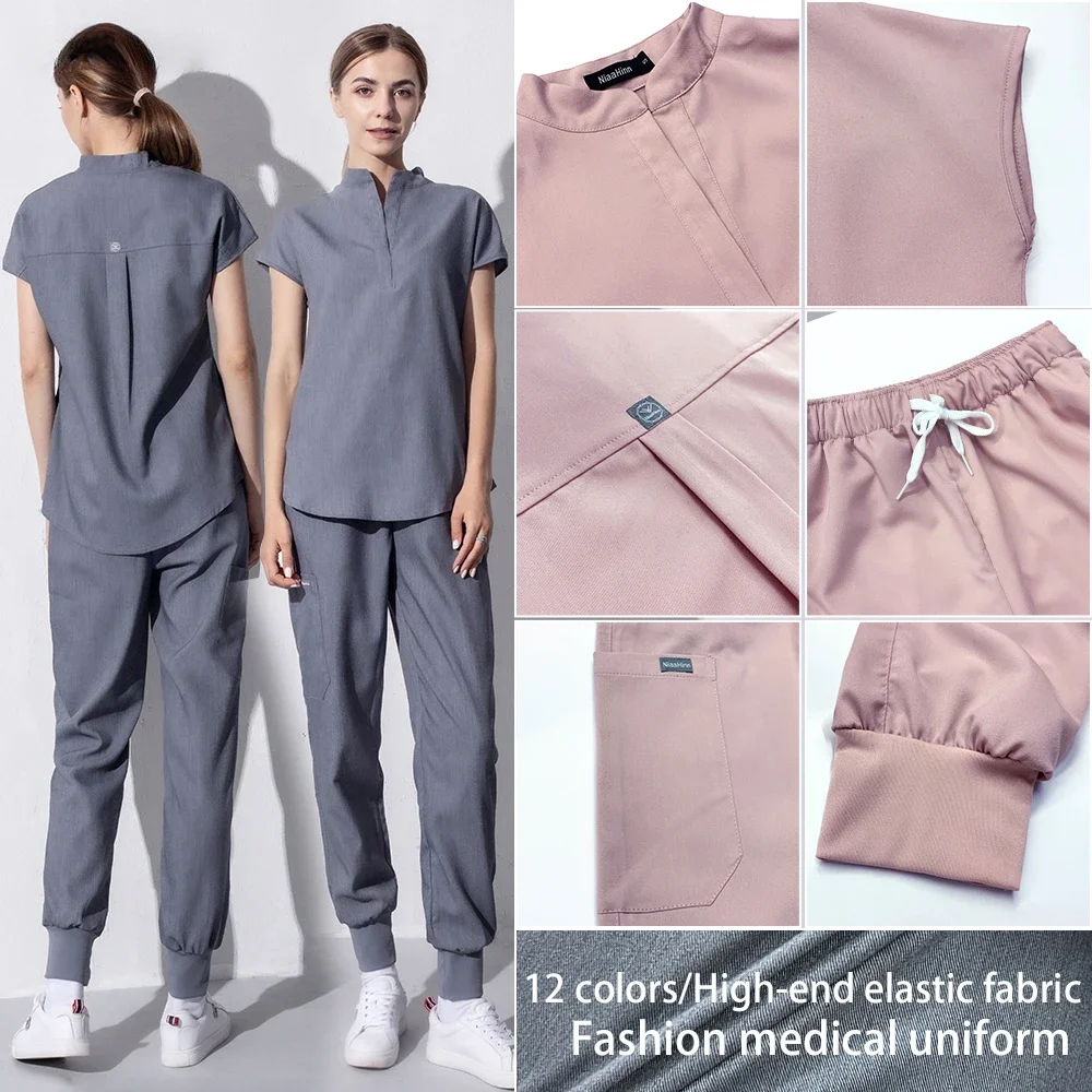 Moda Donna Abbigliamento Da Lavoro Scrub Top + Pantalone Uniforme Medica Chirurgia Scrub Camicia Manica Corta Pet Shop Medico Infermiera Uniforme Infe