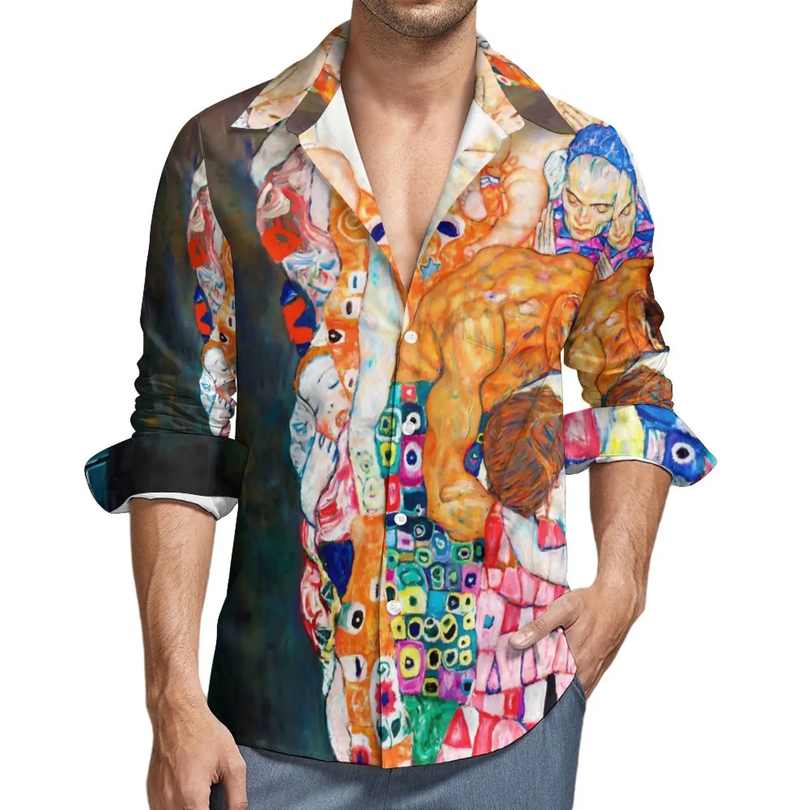 Gustav Klimt Art Street Style Camicia Casual Da Uomo Death And Life Shirt Camicette Di Tendenza Primaverili Modello A Maniche Lunghe Top Oversize