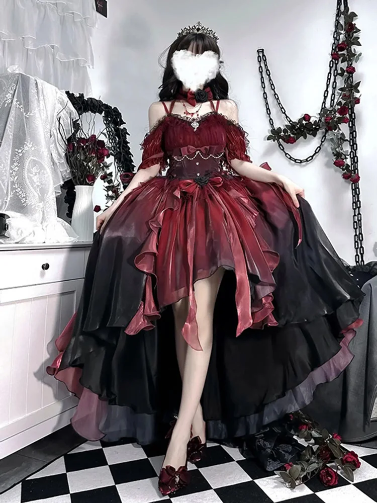 Abito Da Sposa Fiore Rosso Sposa Scuro Cos Abito Lolita Abito Op Lolita Heavy Industry Trail Puffy Princess Dress, Lolita Cosplay