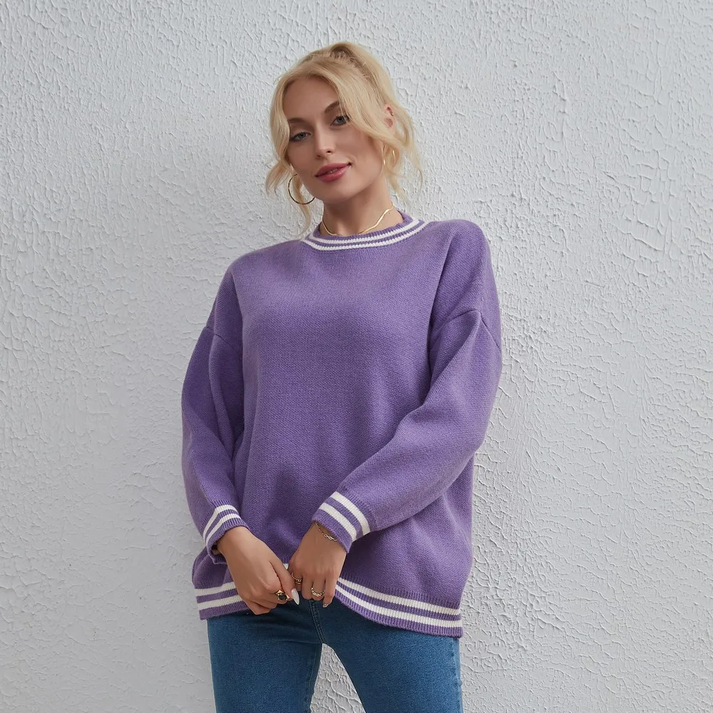 2023 Donna Temu Wild Strawberry Solid Girocollo Stripe Versatile Top Semplice Autunno/Inverno Maglione