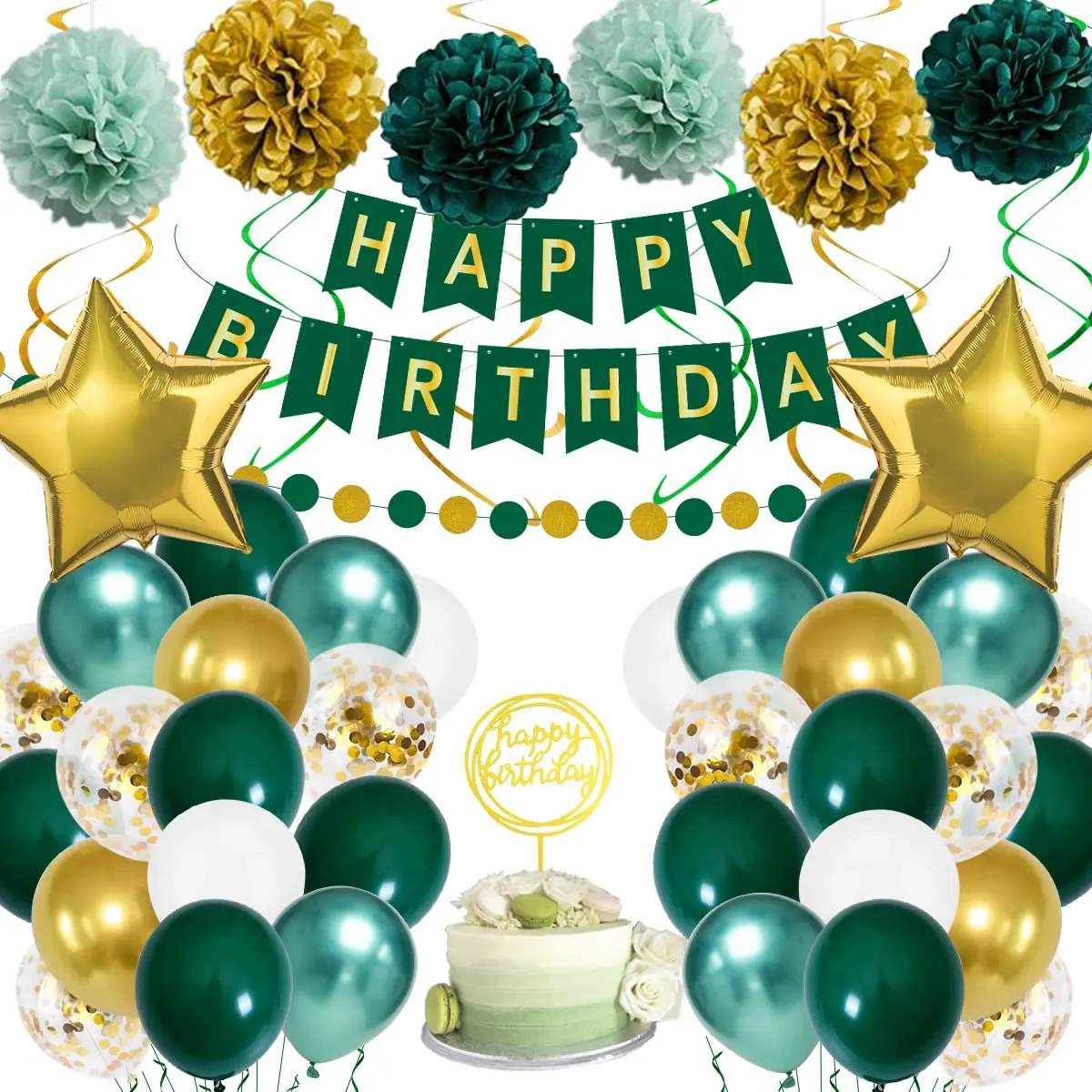 Decorazioni Di Compleanno, Decorazioni Per Feste Di Compleanno In Oro Verde Per Ragazzo Ragazze Uomo Donna, Palloncini Di Compleanno Con Banne Di Buon