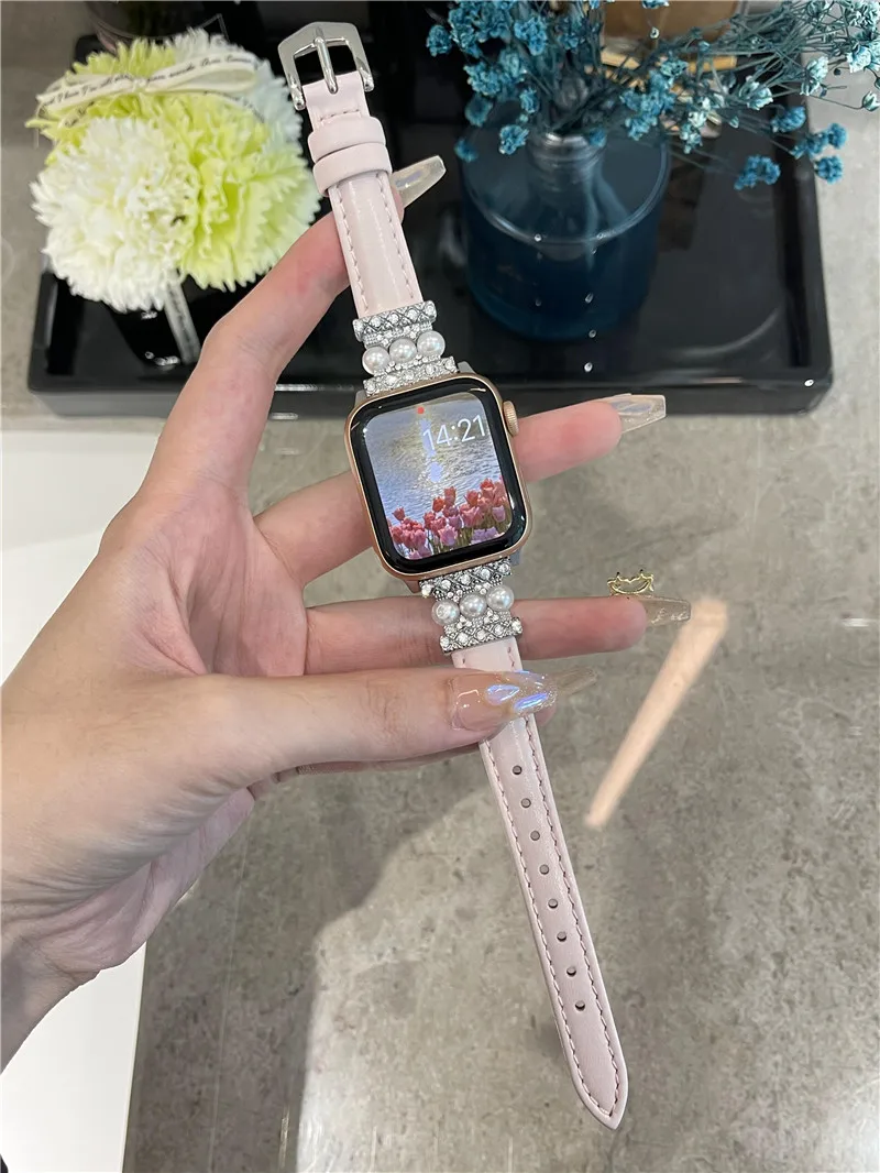 Per Apple Watch Ultra 9 49Mm Band Pearl Small Fragrance Leather Iwatch Se 8765 Series Accessori Per Cinturini In Pelle