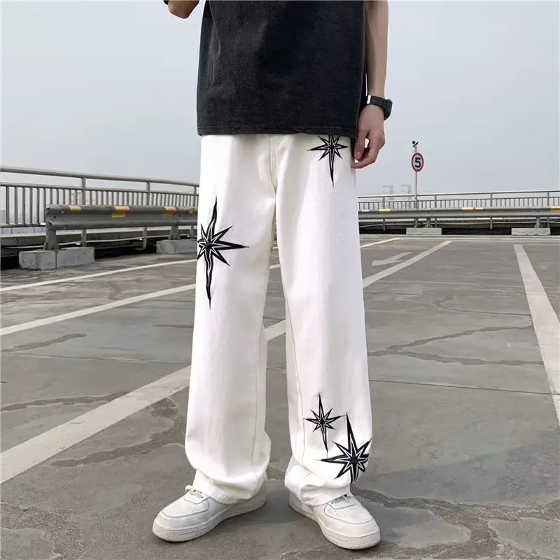 2023 Y2K Fashion Star Ricamo Jeans Larghi Bianchi Pantaloni Uomo Abbigliamento Streetwear Pantaloni Lunghi Hip Hop Dritti Pantaloni Uomo