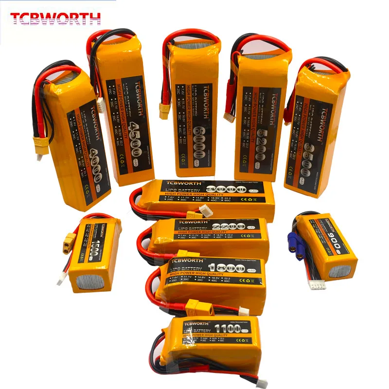 Tcbworth Rc Lipo Batteria 2S 3S 4S 6S 11.1V 14.8V 22.2V 1300 1500 1800 2200 3000 4200 5200 6000Mah Batteria Xt60-T Deans Plug