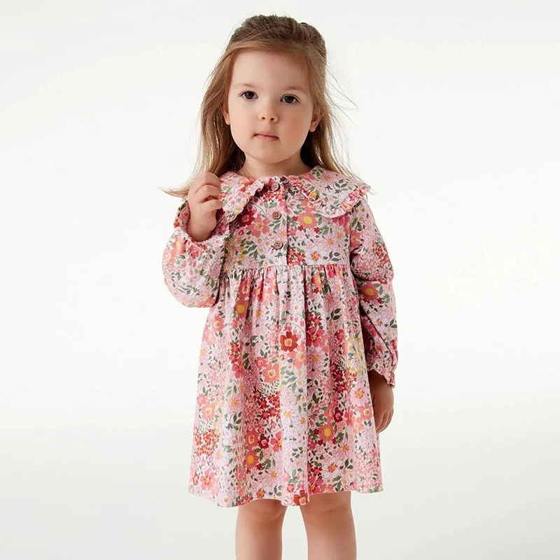 Jumping Meters 2-7T Floral Princess Girls Dresses Collar Buttons Manica Lunga Baby Party Clothing Flowers Print Birthday Dress