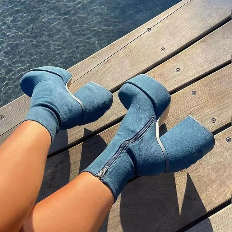 Nuovi Stivali Da Donna Stivali Con Plateau Alla Moda Tacchi Grossi Stivali Da Donna In Latta Scarpe Da Donna Stivali Da Donna In Pelle Pu Botas De Muj