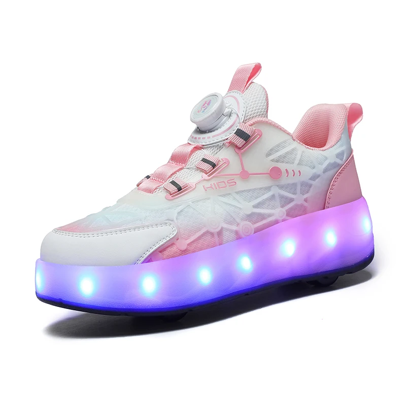 2023 New Hot Wheels Led Luminous Glowing Sneakers Gold Pink Led Light Roller Skate Shoes Kids Led Sport Roll Shoes Led Shoes