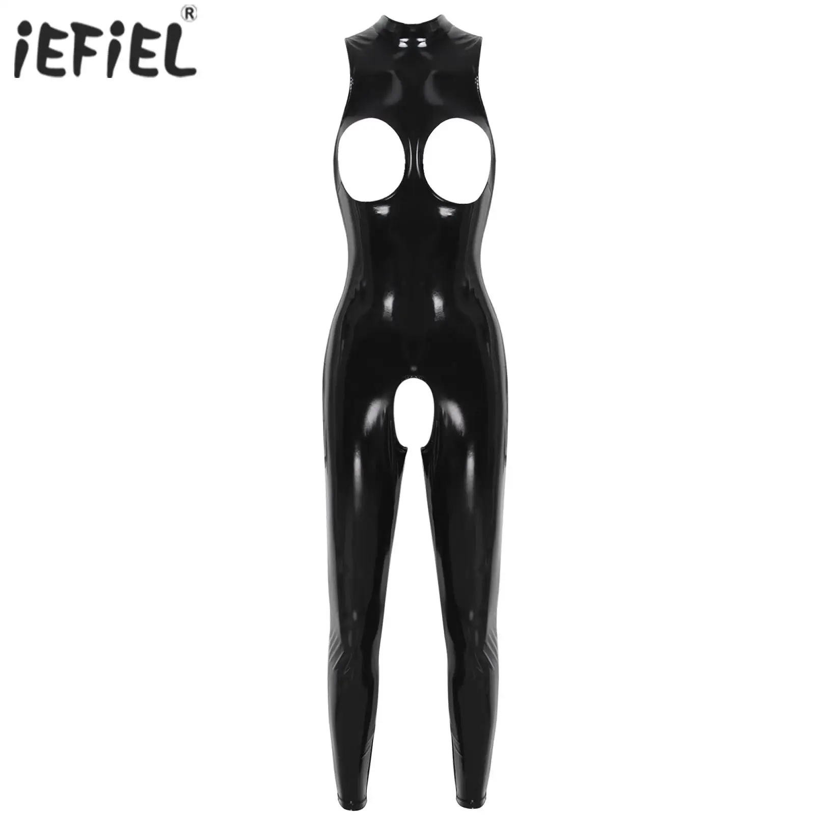 Lingerie Da Donna Coppe Aperte Tuta Crotchless In Pelle Verniciata Lucida Catsuit In Lattice Collo A Lupetto Senza Maniche Tute Skinny Clubwear