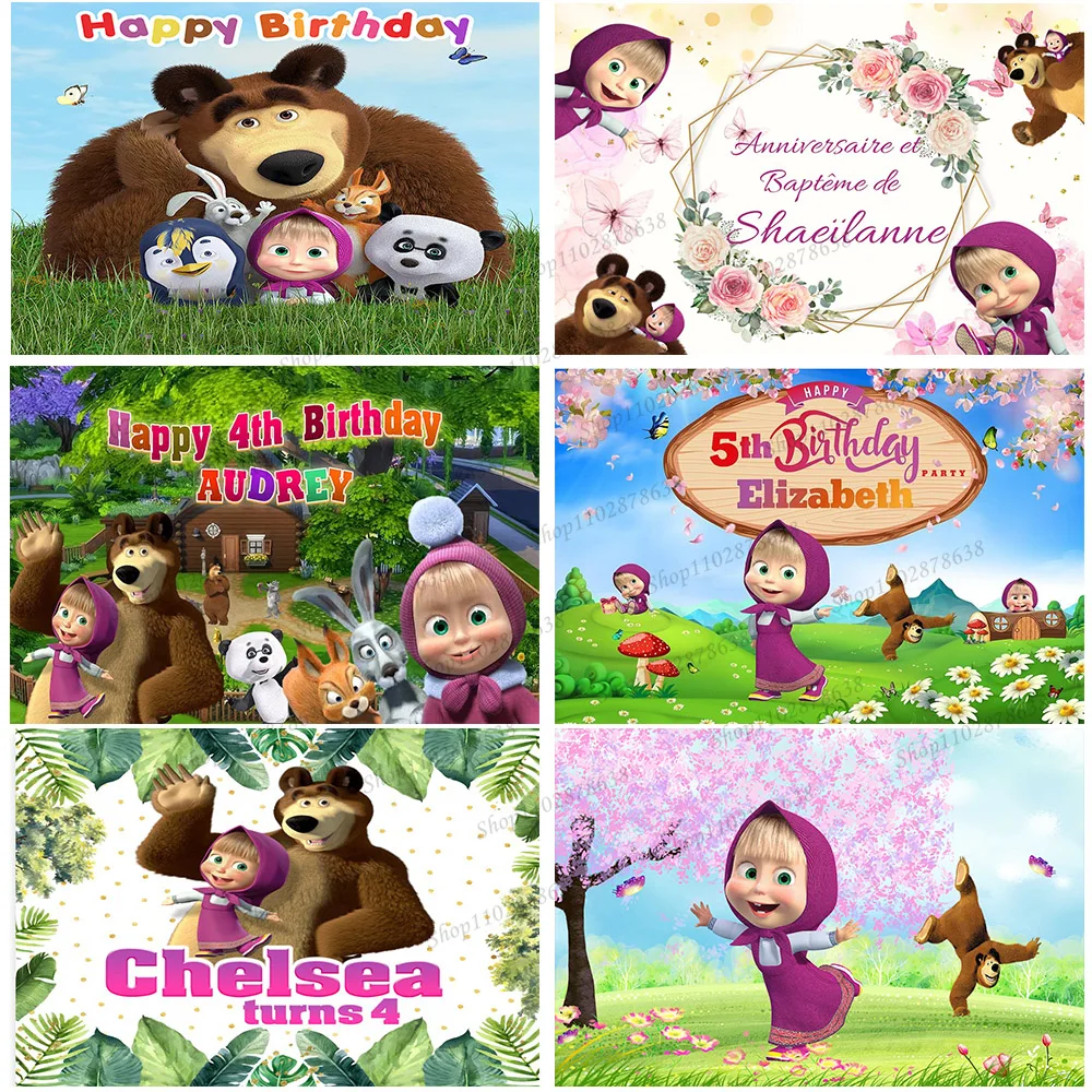 Nome Personalizzato Age Mashas And Bear Fondale Photography Kids Girl Birthday Party Background Photo Banner Puntelli Decorazione
