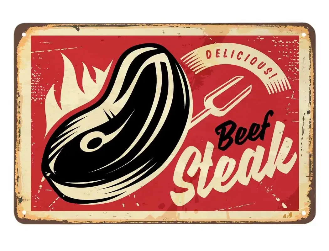 Segno Di Latta Di Bistecca, Carne Di Manzo Delizioso Fuoco Caldo Forchetta Blocco Cibo Proteico Ristorante Segni Di Latta In Metallo Vintage Per Bar B