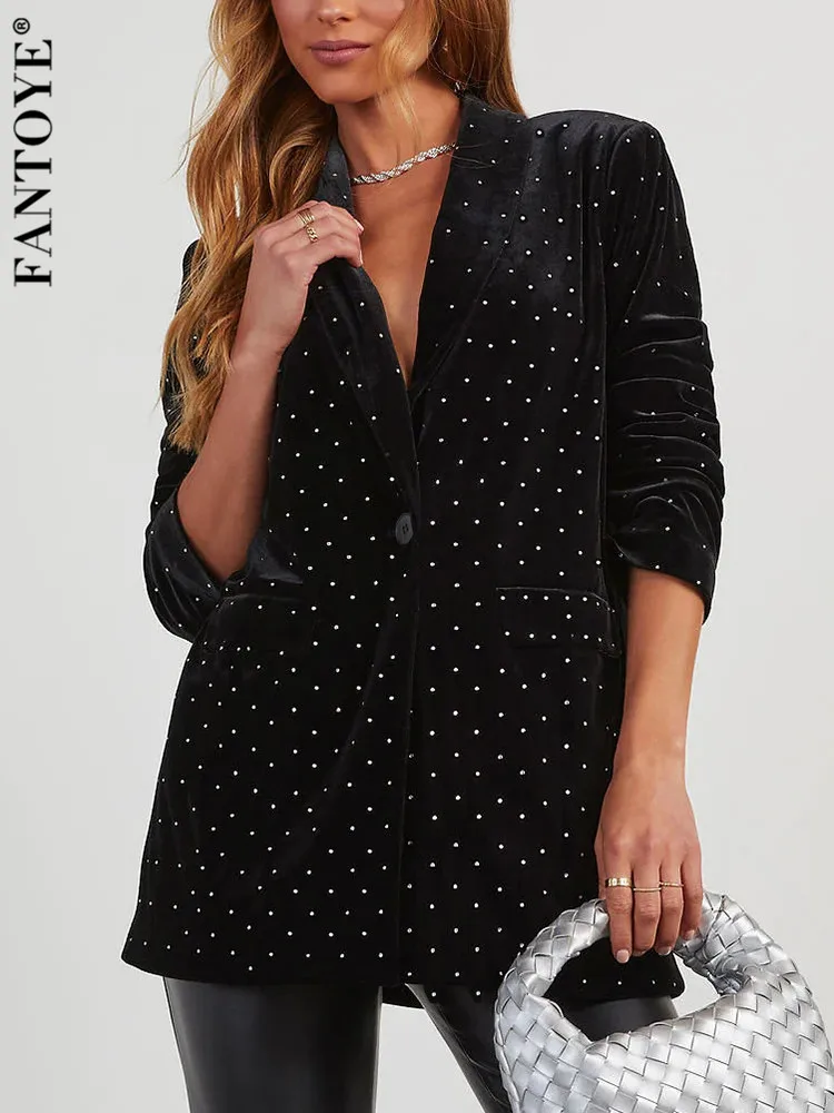 Fantoye Colletto Dentellato Diamanti Sparkling Women Blazer Nero Manica Lunga In Velluto Blazer Femminile Inverno Fashion Party Club Outfits