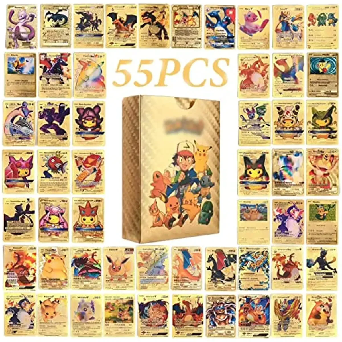 Pokemon 55 Pcs Gold Cards Packs Vmax Dx Gx Rare Golden Cards, Tcg Deck Box Gold Foil Card Carte Assortite Per La Festa Di Compleanno Dei Bambini