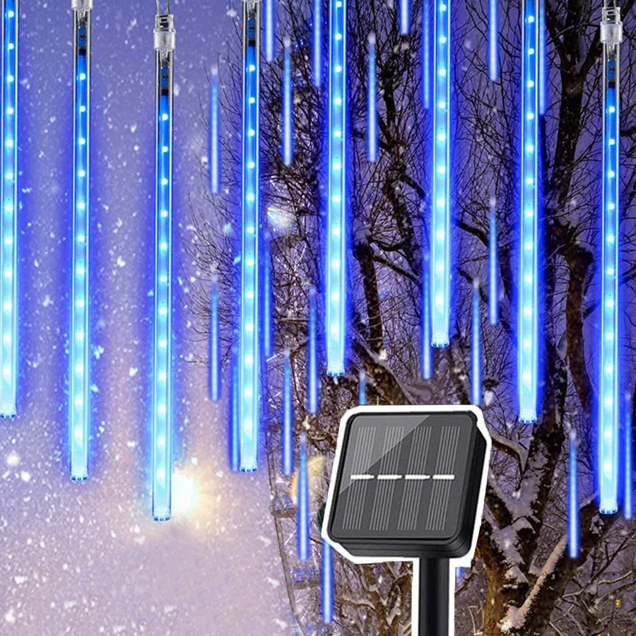 Thrisdar Solar Powered Led Meteor Shower Lights Outdoor Falling Rain Drop Lights Christmas Icicle Light Fairy Tube Garland Light