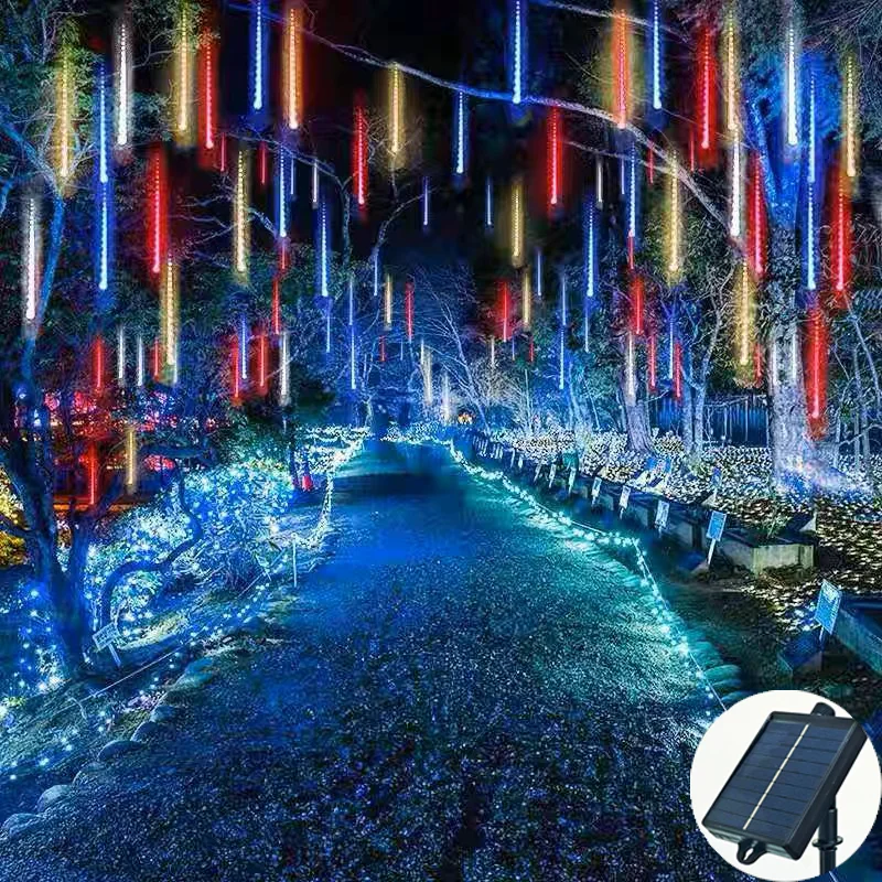 Solar Meteor Shower Rain Lights Snowfall Christmas Lights Cascata Rain Drop Outdoor String Light Per Tree Eave Garden Decor