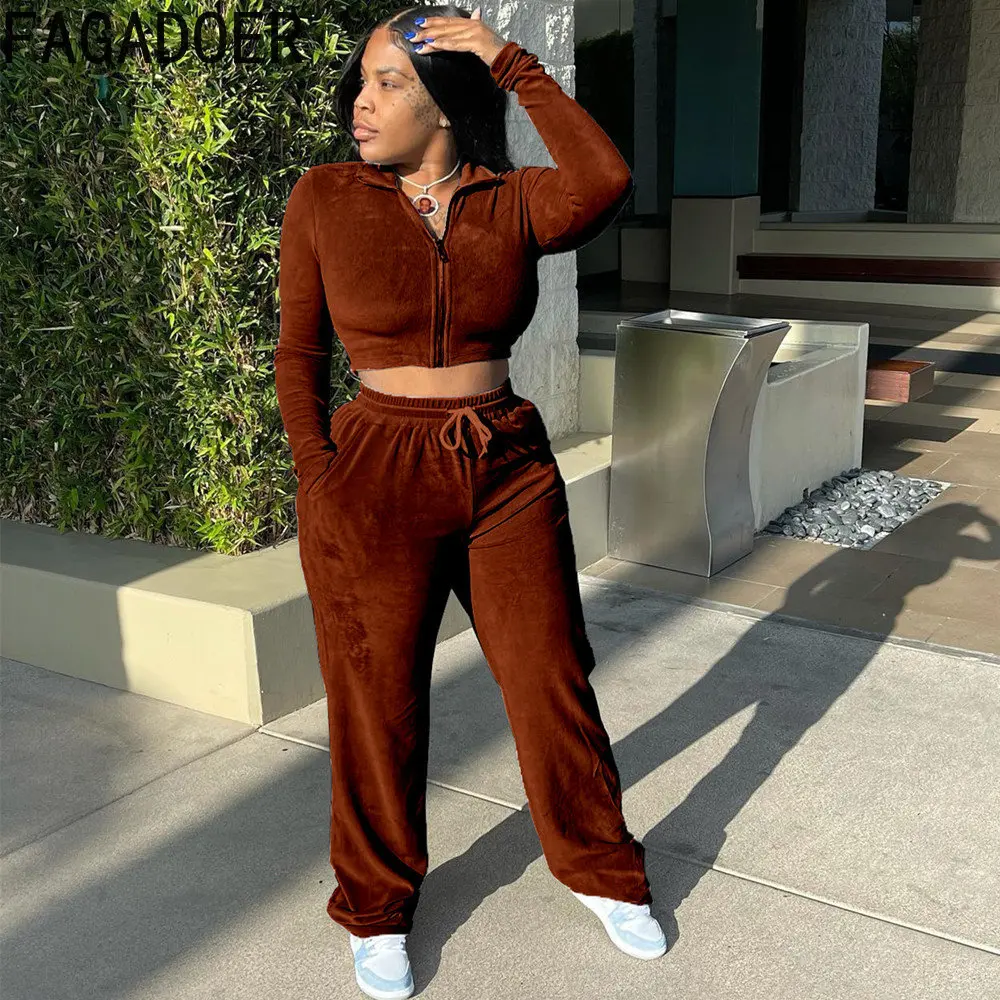 Fagadoer Fashion Velvet Solid Color Two Piece Sets Women Zipper Long Sleeve Corp Top And Skinny Pants Tracksuits Casual Outfits