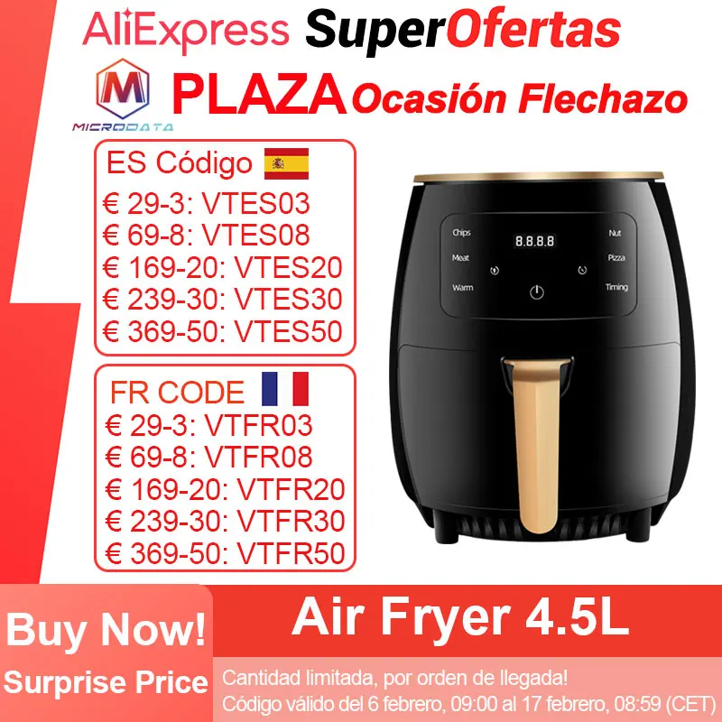 Friggitrice Ad Aria Microdata Senza Olio 4.5L 1400W Friggitrici Ad Aria Profonda Intelligenti Forno 360 Fornello A Circolazione Di Aria Calda Smart To
